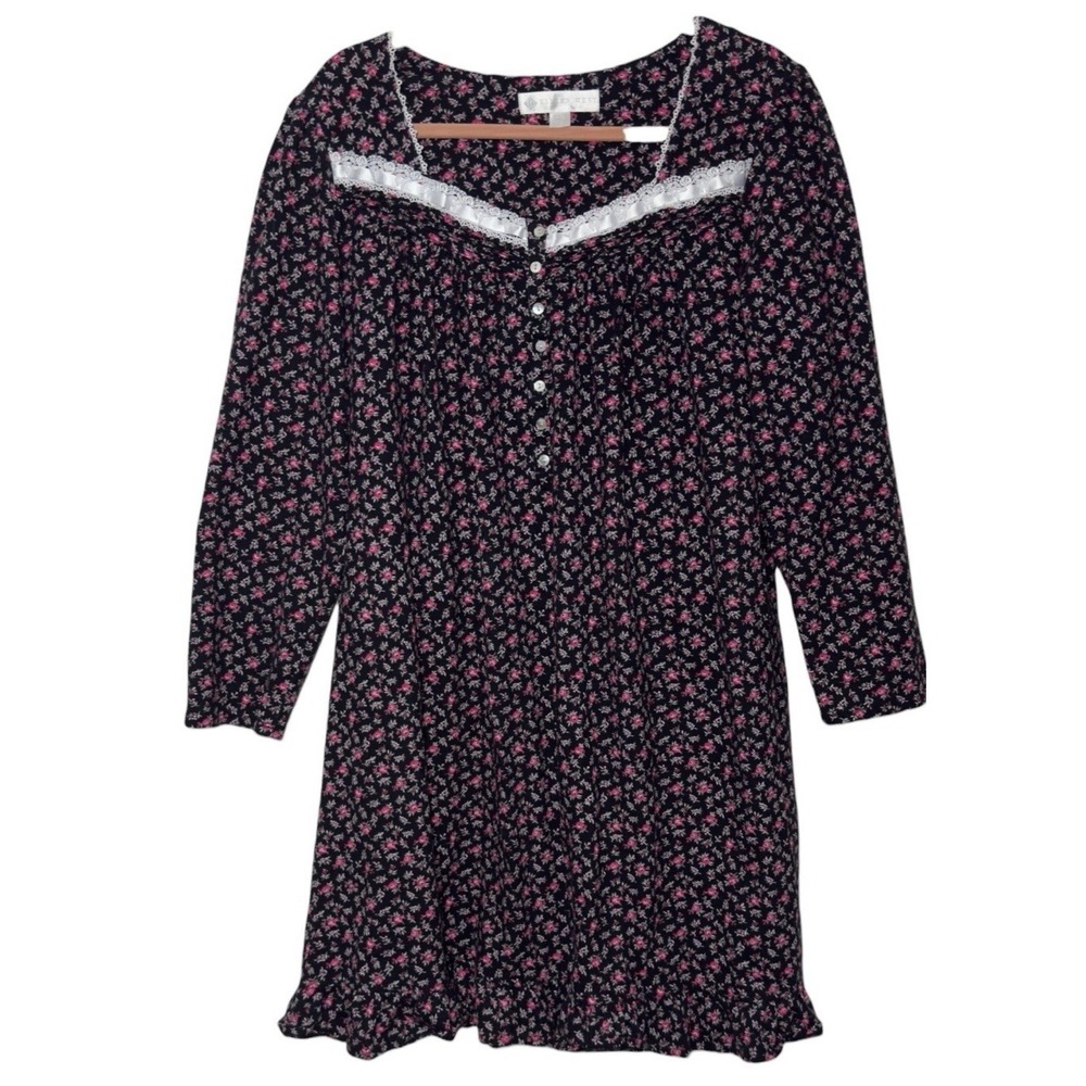 Eileen West Nightgown Womens Large Black Floral Long Sleeve Button‎ Lace Flannel